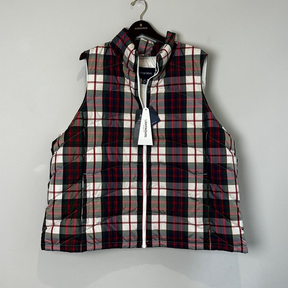 Lands' End Plaid Down Puffer Vest 3X NWT Layering Old Money Winter Preppy Cabin